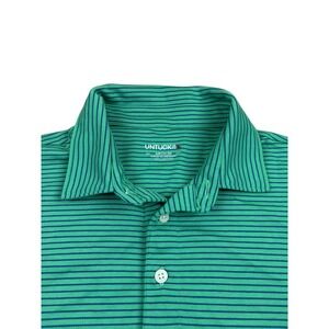 UNTUCKit Mens Polo Shirt Medium Green Navy Blue Striped 100% Cotton Short Sleeve
